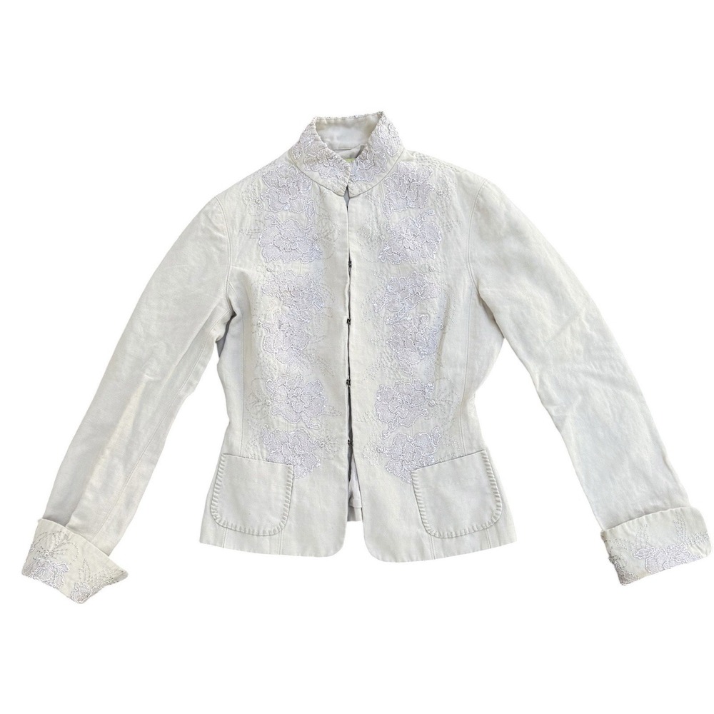 Gianni Bini Jacket 0 Linen Blend Floral Lace Embroidered Ivory Y2K Blazer